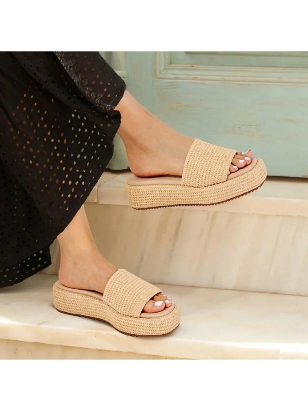 Women's Natural Leather Woven Wedges Beach Slip On Comfortable Casual Platform